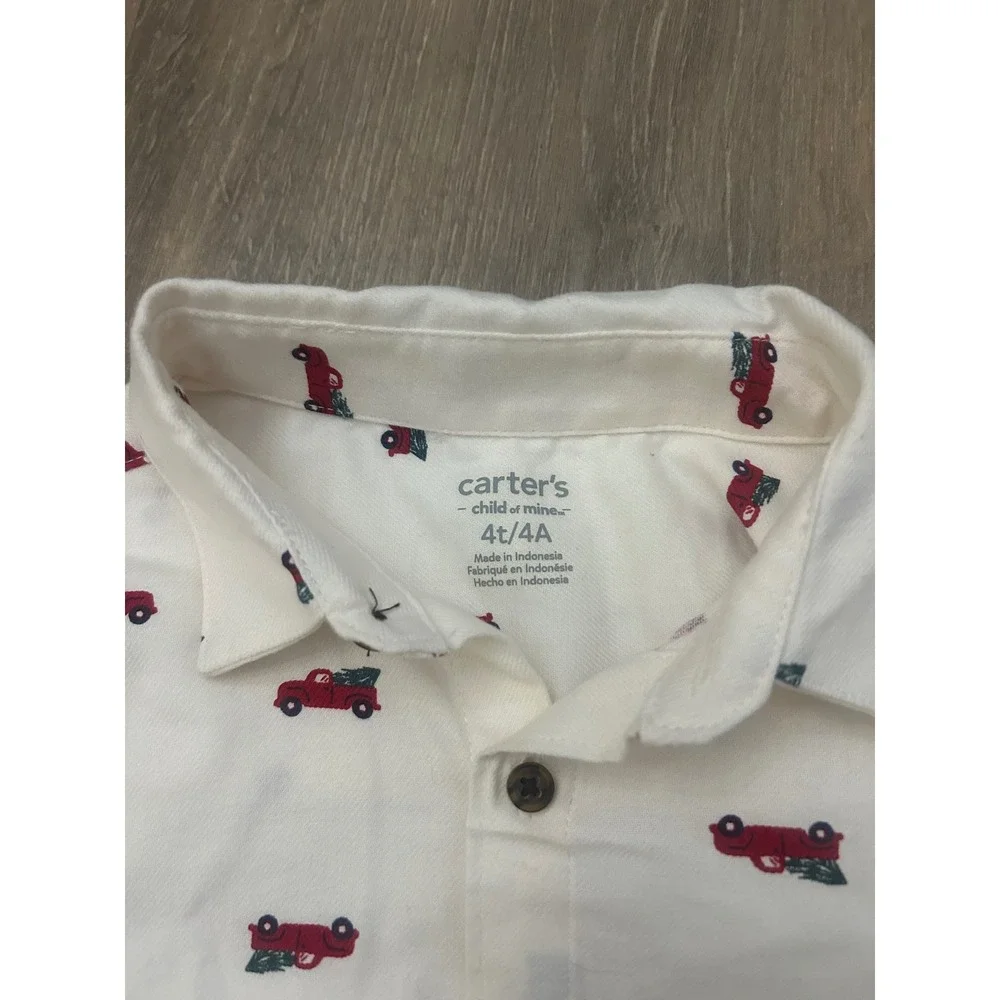 Carter's White Red Truck Button Down Shirt Boys 4T Christmas Holiday Long Sleeve